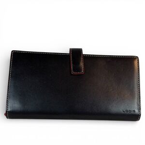 Lodis Black Leather Travel Wallet Passport Ticket Holder Red Interior Zippered